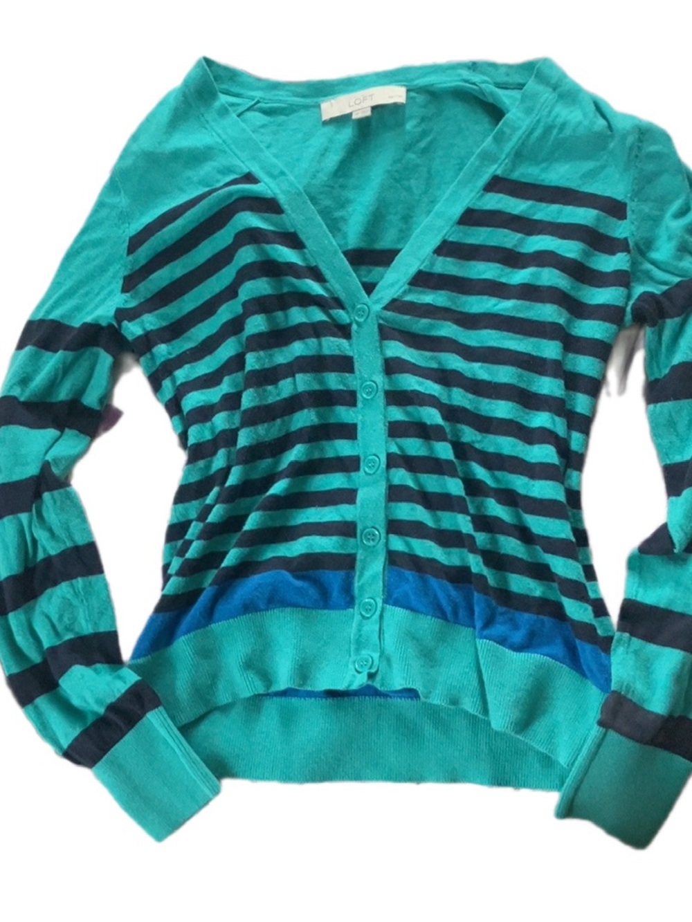 LOFT Teal and Navy Striped V-Neck Button Cardigan